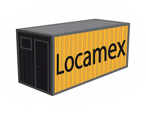 Logo da empresa. Container cinza e laranja em perspectiva com a palavra Locamex na lateral.